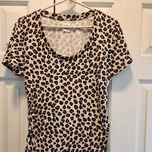 Cream Short Sleeve Top w/ Leopard Print and Side Drawstrings - Size L (11-13)